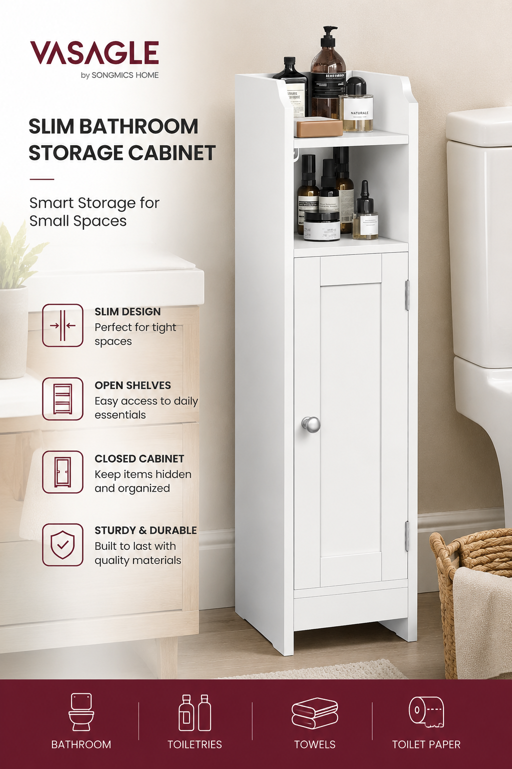 VASAGLE Slim Bathroom Floor Storage Cabinet with Door and Shelves
